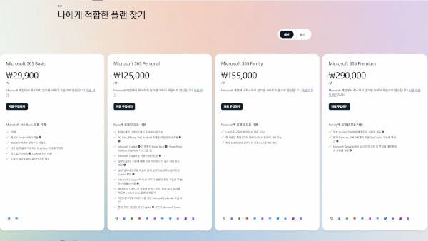 마이크로소프트 365의 개인용 플랜 주요 구성 / 마이크로소프트 홈페이지 갈무리