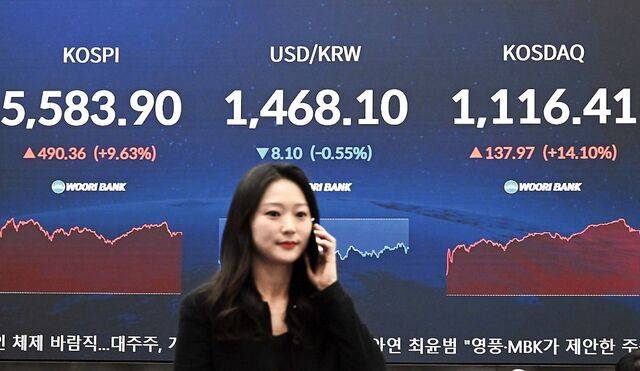 미국과 이란의 군사 충돌로 폭락했던 국내 증시가 5일 하루 만에 10% 가까이 반등하며 롤러코스터 장세를 연출하고 있다. 이날 서울 중구 우리은행 본점 딜링룸의 코스피·코스닥 지수와 환율이 적힌 전광판 앞에서 직원이 통화를 하고 있다. 최현규 기자