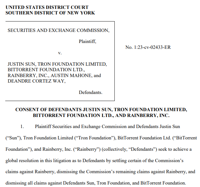 미국 증권거래위원회(SEC)와 저스틴 선 측의 합의 내용을 담은 미국 뉴욕 남부지방법원 재판 기록 원문. [출처=미 뉴욕 남부지방법원]