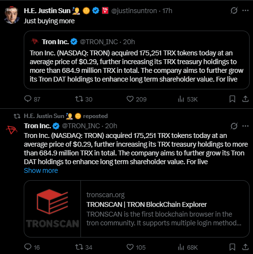 저스틴 선 트론(TRON) 창시자가 자신의 엑스(X) 계정을 통해 트론(TRX) 추가 매수 사실을 알리며 “더 사고 있다(Just buying more)”고 밝혔다. [사진=엑스(X)]