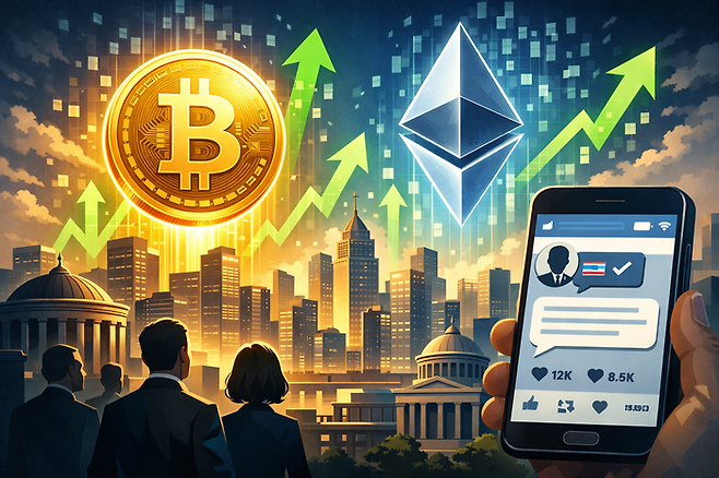 친(親) 가상자산 정책 발언에 힘입어 비트코인과 이더리움이 급등하며 시장 랠리를 촉발하는 일러스트< 생성 : 챗GPT >