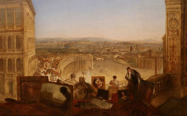 윌리엄 터너, 바티칸에서 본 로마, 장식 그림을 준비하며 라 포르나리나와 동행한 라파엘로, 1820년경, 캔버스에 유채, 177x335.5cm, 테이트 브리튼