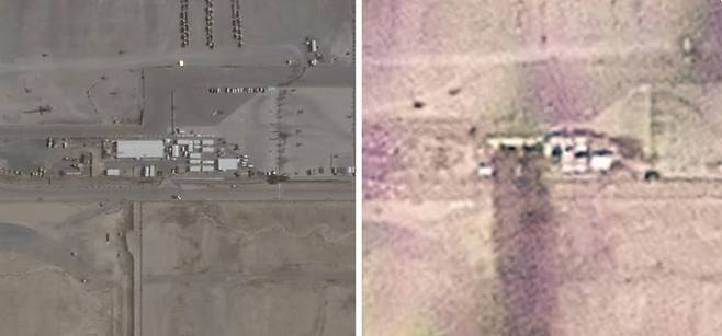 [서울=뉴시스] 플래닛랩스가 촬영한 쿠웨이트에서 미군 병사들이 사망한 전술작전센터가 위치한 장소의 공습 전후의 사진. 왼쪽은 지난해 6월 26일, 오른쪽은 1일 촬영됐다.(출처: CNN) 2026.03.06. *재판매 및 DB 금지