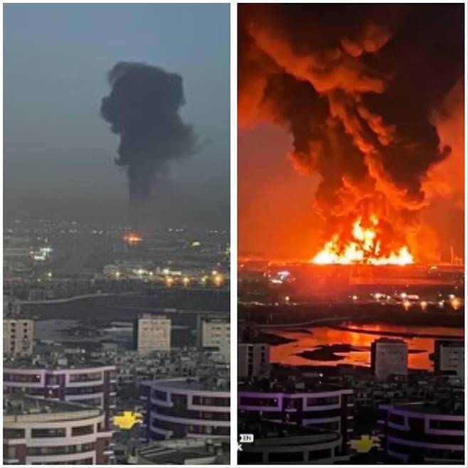 이라크 미군 기지 공격 장면이라 주장하는 사진(왼쪽)과 AI로 부풀린 모습(오른쪽) [X @EmediaManoj 사진과 인스타그램 @somalisnaps 사진 비교]