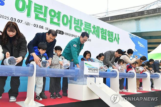 "태화강 연어야, 잘 자라서 다시 와" (울산=연합뉴스) 7일 울산시 울주군 태화강생태관 주관으로 울주군 범서읍 선바위교 일대에서 이순걸 군수와 관계 공무원, 어린이집 원아들이 참여한 가운데 어린연어 40여만 마리를 방류하는 행사가 열리고 있다. 2025.3.7 [울주군 제공.재판매 및 DB 금지] young@yna.co.kr