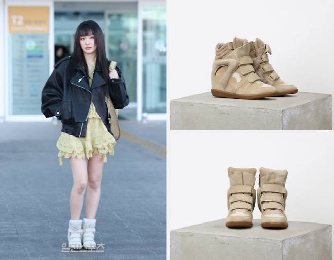 레드벨벳 슬기가 지난 4일 오전 인천국제공항 출국길에 이자벨 마랑 '베켓 스니커즈'를 착용한 모습(왼쪽)과 제품 이미지 (사진=일간스포츠LF몰 판매페이지 캡처)