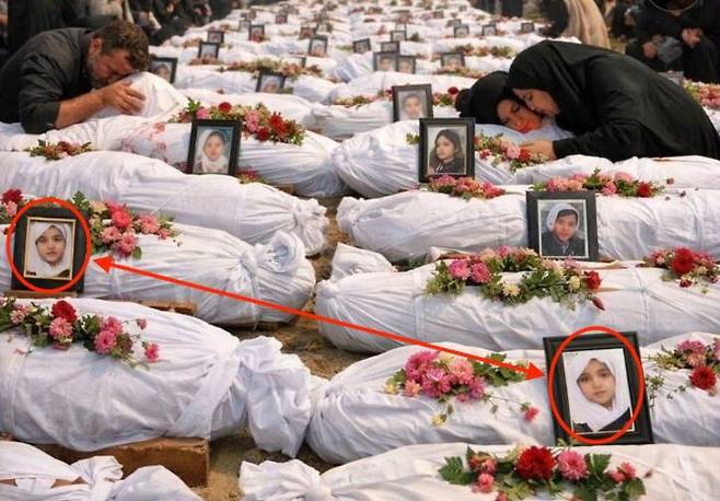 이란 어린이 장례식 사진도 AI 딥페이크 이미지다. 빨간 동그라미로 어린이 얼굴 사진이 중복 표시되어 있다. /X