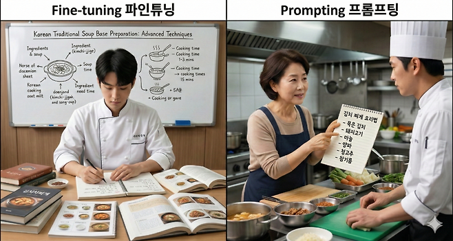 파인튜닝 기법과 프롬프팅 기법의 차이를 표현한 이미지. 파인튜닝은 AI(요리사)에게 요리법을 처음부터 공부하게 하는 것이고, 프롬프팅은 AI(요리사)에게 작성 레시피를 제공해 주는 방식을 말하는 것이다.