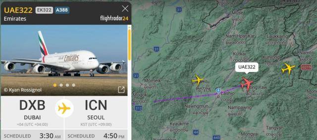 8일 아랍에미리트(UAE) 두바이에서 인천으로 향하고 있는 에미레이트항공 EK0322편 모습 [사진=항로추적 사이트 '플라이트레이더24']