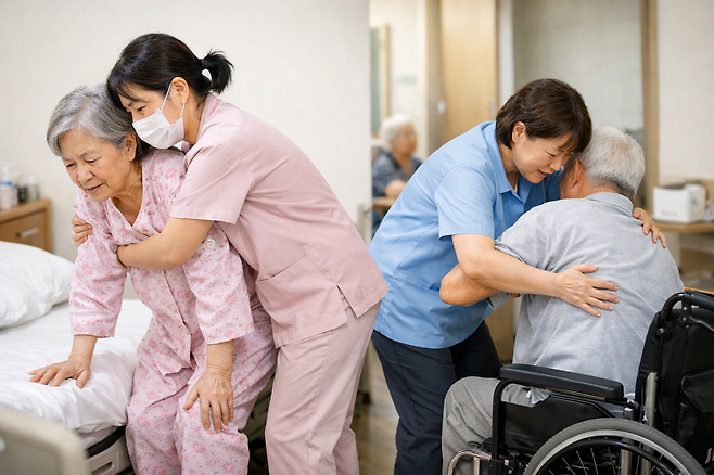 장기요양 현장에서 활동하는 요양보호사들은 돌봄 노동의 현실을 이렇게 설명한다. 거동이 불편한 노인을 이동시키고 목욕을 돕는 등 신체 노동이 많은 직종 특성상 노동 강도가 높다는 것이다. /챗GPT 생성 이미지