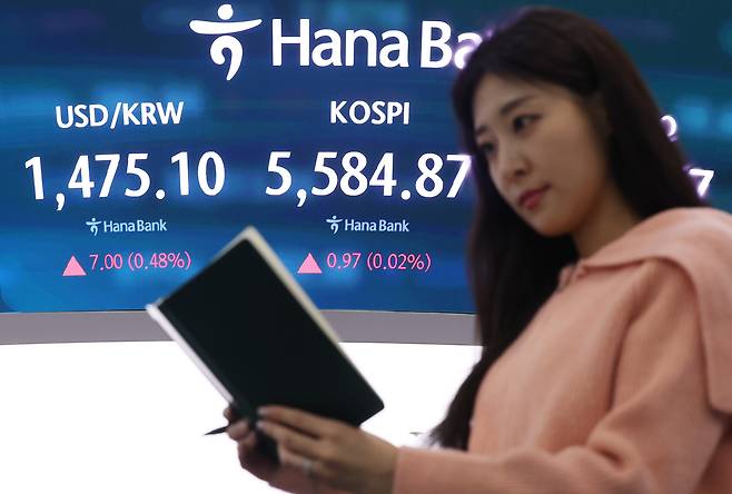 6일 서울 중구 하나은행 본점 딜링룸 현황판에 코스피가 표시돼 있다. 이날 코스피는 전장보다 0.97포인트(0.02%) 오른 5,584.87에, 코스닥지수는 전장보다 38.26포인트(3.43%) 오른 1,154.67에 거래를 마쳤다. /연합뉴스 제공