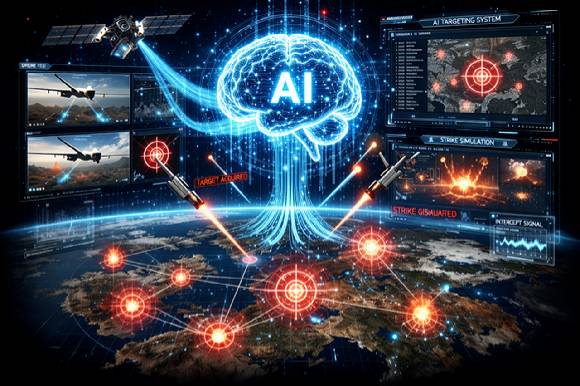 위성·드론 데이터를 분석해 타깃을 설정하는 AI 전장 시스템을 키워드로 생성형 AI가 제작한 이미지. [사진=챗GPT 제작]