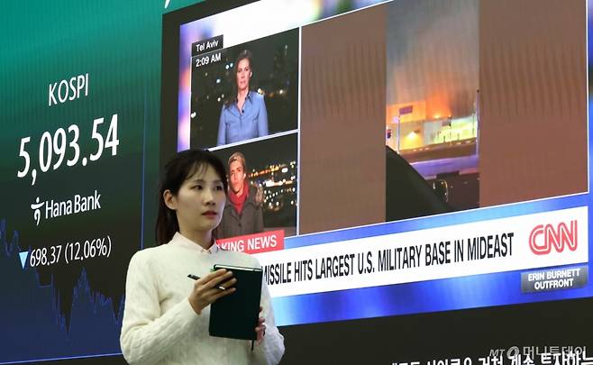 (서울=뉴스1) 최지환 기자 = 이란전쟁 여파로 코스피 지수가 급락 마감한 4일 서울 중구 하나은행 본점 딜링룸 전광판에 코스피 지수 종가가 표시되어 있다. 이날 코스피지수는 전일대비 698.37p(12.06%) 떨어진 5093.54에 장을 마감했다. 2026.3.4/뉴스1 Copyright (C) 뉴스1. All rights reserved. 무단 전재 및 재배포, AI학습 이용 금지. /사진=(서울=뉴스1) 최지환 기자