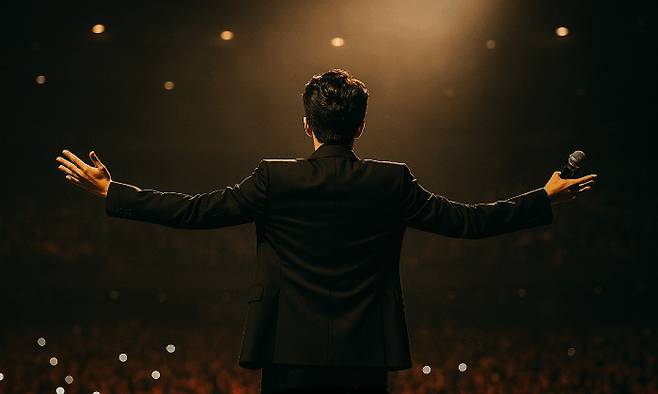 정상의 자리에서 더 낮은 곳을 바라보는 임영웅의 뒷모습. 물고기컴퍼니 제공