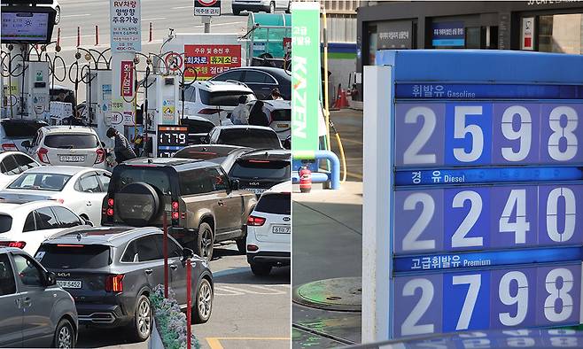 1779원 對 2598원… 극과극 기름값 미국·이스라엘과 이란 간 무력 충돌 여파로 국내 기름값이 상승하는 가운데 서울의 주유소 간 휘발유 가격 격차가 800원을 넘어서는 등 소비자 불만이 커지고 있다. 8일 휘발유 가격을 ℓ당 1779원으로 고지한 서울 서초구 만남의광장 주유소에 차량들이 길게 줄을 선 반면(왼쪽 사진), 강남구 평균(2019원)보다 500원 이상 비싼 2598원으로 알린 한 주유소는 한산한 모습이다. 이재문 기자