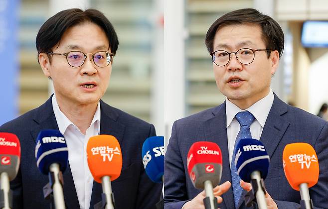 김정관 산업부 장관(왼쪽)과 여한구 통상교섭본부장이 8일 인천국제공항 2터미널에 도착해 취재진 질문에 답을 하고 있다. /뉴스1