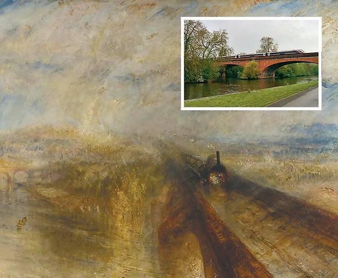 윌리엄 터너 ‘비, 증기, 속도―대서부 열차’(1844년). 오른쪽 상단은 그림의 배경인 영국 템스강 메이든헤드 철도교의 현재 모습. 사진 출처 위키피디아