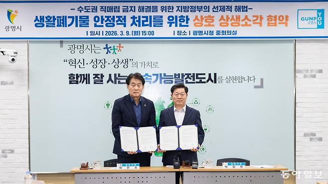 박승원 광명시장(오른쪽)이 9일 광명시청 중회의실에서 하은호 군포시장과 ‘생활폐기물 상생소각 협약’에 서명한 뒤 기념사진을 찍고 있다. 광명시 제공