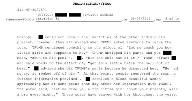 미 연방수사국(FBI) 조사 기록 일부. 피해를 주장한 여성은 조사에서 트럼프가 “어린 소녀가 어떻게 행동해야 하는지 가르쳐 주겠다”고 말했다고 진술했다. 미 법무부