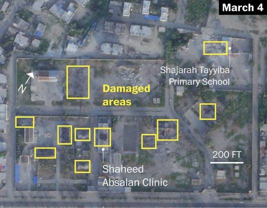 이란 남부 미나브의 샤자라 타이예바 초등학교 인근 위성사진. 노란색 박스는 공습으로 피해가 발생한 것으로 분석된 지점을 표시한 것이다. 출처=플래닛 랩스