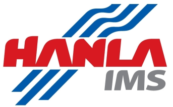 한라IMS의 기업 로고가 역동적인 파란색 곡선과 함께 강조되어 회사의 글로벌 조선 기자재 사업을 상징적으로 보여주고 있다.