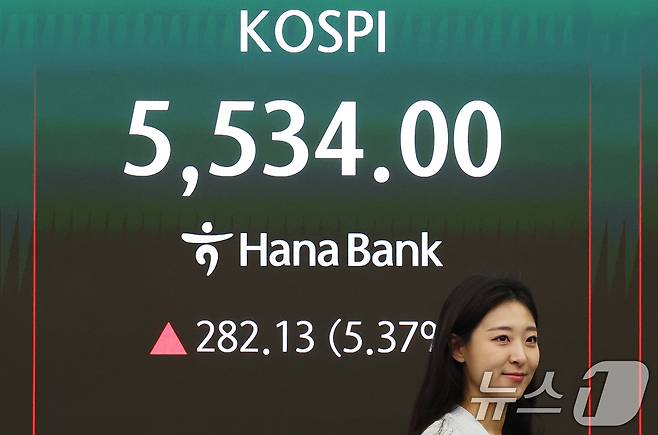 코스피가 급등하며 매수 사이드카가 발동한 10일 오전 서울 중구 하나은행 딜링룸 전광판에 코스피 시황이 표시되고 있다. 이날 코스피는 전 거래일 대비 5.17% 오른 5523.21, 코스닥은 4.15% 오른 1,147.99, 원·달러환율은 24.7원 내린 1470.8원에 개장했다. 2026.3.10 ⓒ 뉴스1 오대일 기자