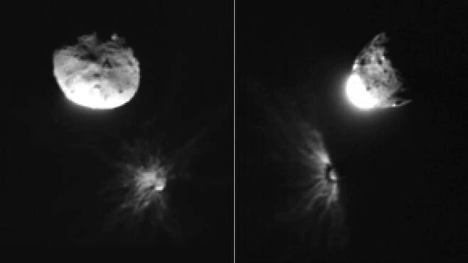2022년 9월 미국항공우주국의 다트 우주선이 작은 소행성 디모르포스(아래)에 충돌한 후의 모습을 이탈리아 리치아큐브 위성이 촬영한 사진. 왼쪽은 충돌 2분40초 후에, 오른쪽은 그로부터 20초 후에 촬영한 것이다. 큰 천체는 디디모스다. 미국항공우주국 제공