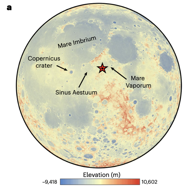 중국 과학자들이 제시한 달 저위도 '리마이 보데' 지역 착륙 후보지(별표) 지도. 빨간색은 고지대, 파란색은 저지대다. 네이처 아스트로노미 제공