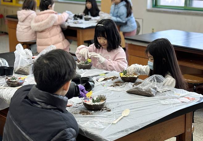 ▲&nbsp;금곡초등학교 '겨울방학 원예교실' 활동 모습. /사진제공=금곡초등학교&nbsp;