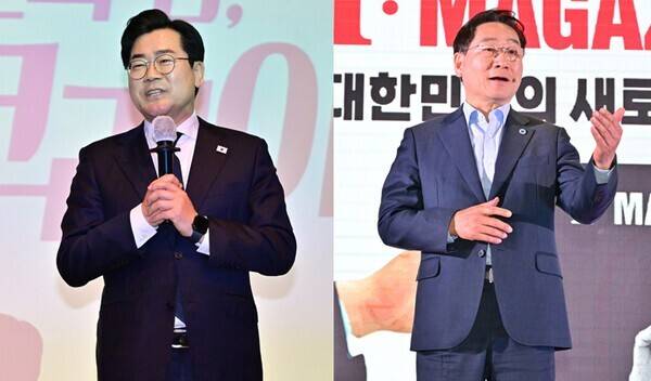 민주당 박찬대 후보(왼쪽), 국민의힘 유정복 현 인천시장<기호일보 DB>