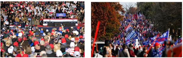 미국 MAGA(Make America Great Again) 정치 집회 현장. 붉은 MAGA 모자와 대형 성조기, 강한 정치 구호 중심의 집회 문화는 트럼프 정치의 상징적 장면으로 자리 잡았다. 이 정치 스타일은 이후 여러 나라 극우 정치의 동원 방식에 영향을 주었다.