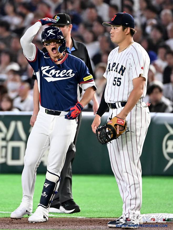7일 일본 도쿄돔에서 열린 WBC(월드베이스볼클래식) 한국과 일본의 경기. 1회초 김도영이 안타를 치고 환호하고 있다. 도쿄(일본)=허상욱 기자wook@sportschosun.com/2026.03.07/