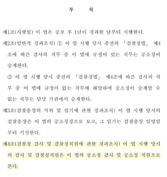 김용민 더불어민주당 의원이 지난해 6월 11일 대표발의한 공소청 설치 및 운영에 관한 법률 제정안 부칙 4조에는 정부가 국회에 제출한 공소청법안과 똑같이 검찰청 검사의 승계 규정이 명시돼 있다. 자료 국회의안정보시스템
