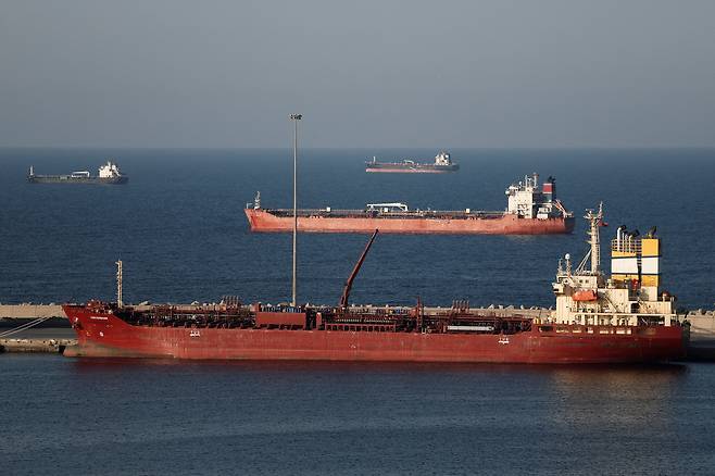 A Luojiashan tanker sits anchored in Muscat, as Iran vows to close the Strait of Hormuz, amid the U.S.-Israeli conflict with Iran, in Muscat, Oman, on March 7. [REUTERS/YONHAP]