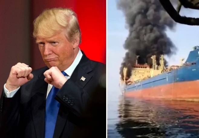 왼쪽은 도널드 트럼프 미국 대통령 자료사진, 오른쪽은 2026년 3월 1일 이란 오만 사이의 해역인 호르무즈 해협을 지나던 팔라우선적 유조선 스카이라이트호가 공격을 받고 화염과 연기에 휩싸이고 있다. AFP 연합뉴스