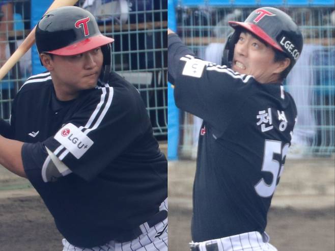 LG는 2026시즌 스프링캠프서 젊은 야수 이재원(왼쪽)과 천성호의 성장세를 확인했다. 사진제공｜LG 트윈스