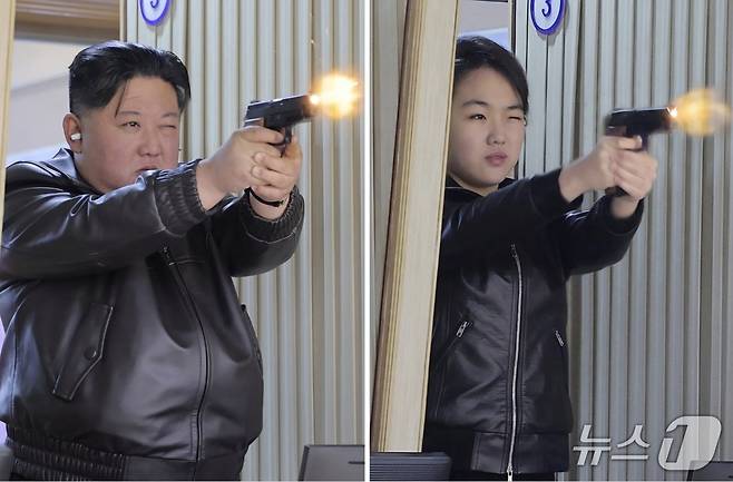 (평양 노동신문=뉴스1) = 12일 북한 노동신문 1면에 보도된 사진. 주애가 북한 고위급 간부들과 어깨를 나란히 한채 신형 권총으로 사격하고 있다. [국내에서만 사용가능. 재배포 금지. DB 금지. For Use Only in the Republic of Korea. Redistribution Prohibited] rodongphoto@news1.kr