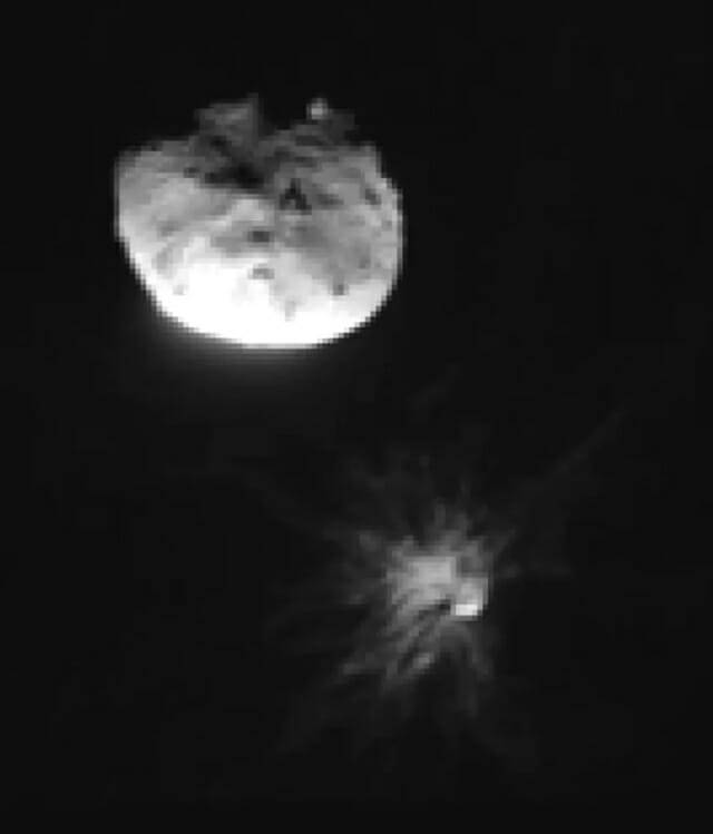 이탈리아 우주국(ASI)의 LICIA 큐브샛 임무는 DART와 함께 비행하며 디모르포스의 충돌과 분출물 구름의 확산을 포착했다.(출처=ASI/NASA)