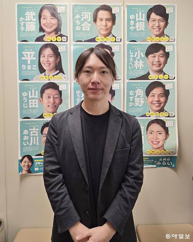 지난달 일본 중의원(하원) 선거에서 약진한 신생 정당 ‘팀미라이’의 안노 다카히로 대표가 10일 도쿄 참의원회관 사무실에서 인터뷰를 하고 있다. 그의 뒤로 이번 선거에 출마한 소속 후보들의 포스터가 보인다. 도쿄=황인찬 특파원 hic@donga.com