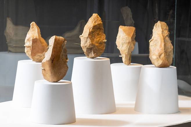 12일 경기도 연천 전곡선사박물관 상설전시 구석기실이 개편을 마치고 언론에 공개됐다. 1978년 미군 병사 그레그 보엔이 발견한 주먹도끼를 비롯해 전곡리에서 초기에 출토된 아슐리안형 주먹도끼 5점이 나란히 전시돼 있다. 우상조 기자