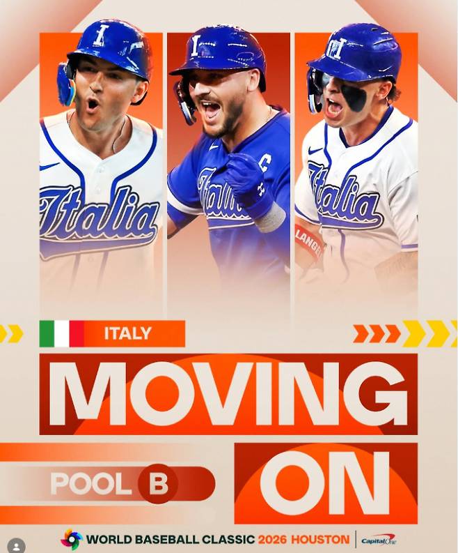 이탈리아 야구 대표팀이 12일 오전(한국시각) 미국 텍사스주 휴스턴 다이킨 파크에서 열린 멕시코와의 2026 월드베이스볼클래식(WBC) B조 최종전에서 승리하며 미국과 8강에 동반 진출했다. /사진=WBC 공식 인스타그램