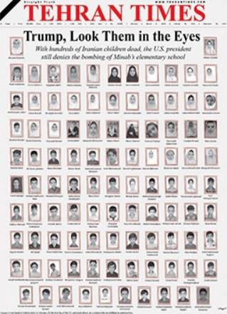 이란 테헤란타임스는 지난달 28일 폭격으로 사망한 미나브시 여학교 학생들의 사진을 1면에 게재했다.[테헤란타임스 갈무리]