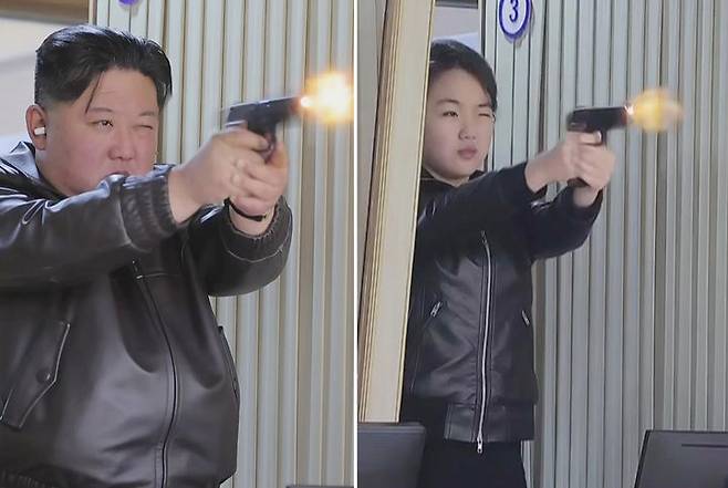 [서울=뉴시스] 북한 조선중앙TV는 김정은 국무위원장이 딸 주애와 함께 지난 11일 제2경제위원회 산하 중요군수공장을 찾아 신형 권총을 사격하고 현지 지도를 했다고 12일 보도했다. (사진=조선중앙TV 캡처) 2026.03.12. photo@newsis.com *재판매 및 DB 금지
