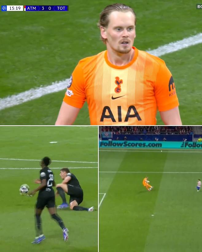 2025-2026시즌 유럽축구연맹(UEFA) 챔피언스리그 16강 1차전 아틀레트코 마드리드vs토트넘 홋스퍼의 맞대결에서 토트넘 수비진에서 치명적 실책이 나온 상황. ESPN FC