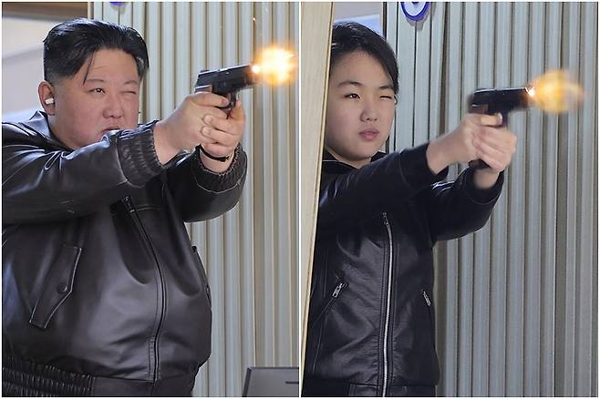 권총 사격하는 북한 김정은과 딸 주애 (평양 조선중앙통신=연합뉴스) 김정은 북한 국무위원장이 딸 주애와 함께 지난 11일 권총 등 휴대용 경량 무기를 생산하는 제2경제위원회 산하의 중요 군수공장을 시찰했다고 조선중앙통신이 12일 보도했다. 사진은 김 위원장과 딸 주애가 공장 내 마련된 실내사격장에서 권총 사격을 하고 있는 모습. 2026.3.12 [국내에서만 사용가능. 재배포 금지. For Use Only in the Republic of Korea. No Redistribution] nkphoto@yna.co.kr