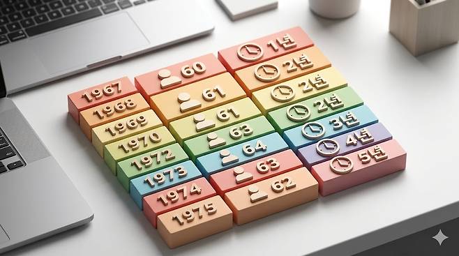 1967년생부터 1975년생까지 출생연도별 정년 적용 나이와 재고용 기간을 정리한 표