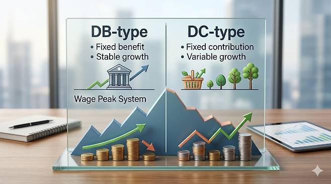 퇴직연금 DB형과 DC형 전환 시점에 따른 수령액 차이를 비교하는 차트