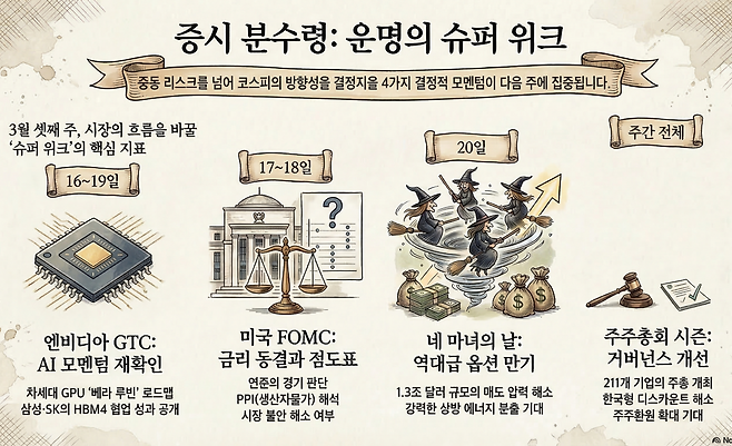 13일 금융투자업계에 따르면 다음 주 국내 증시의 향방은 엔비디아 GTC 2026과 3월 FOMC, 그리고 '네 마녀의 날'이 맞물려 결정될 전망이다(출처=노트북LM)