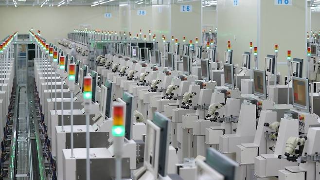 반도체 생산 공정 라인 내부 모습. 자동화 장비와 검사 설비가 일렬로 배치된 클린룸에서 웨이퍼 가공과 품질 검사가 동시에 진행되고 있다.