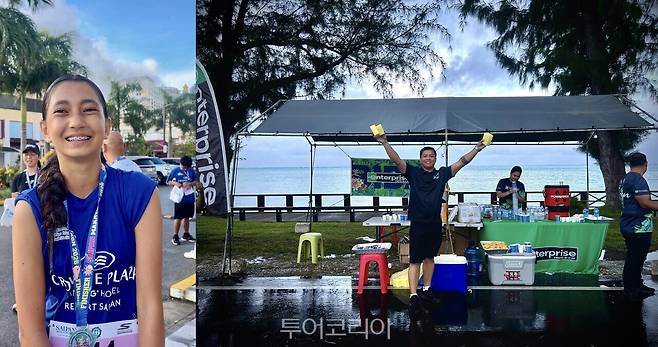 사이판 로컬 러너 루잘라 레일라니(Ruszala Leilani·왼쪽)와 레이스 코스 보급소에서 참가자들을 응원하는 자원봉사자들./ 사진- 투어코리아 박은하 기자